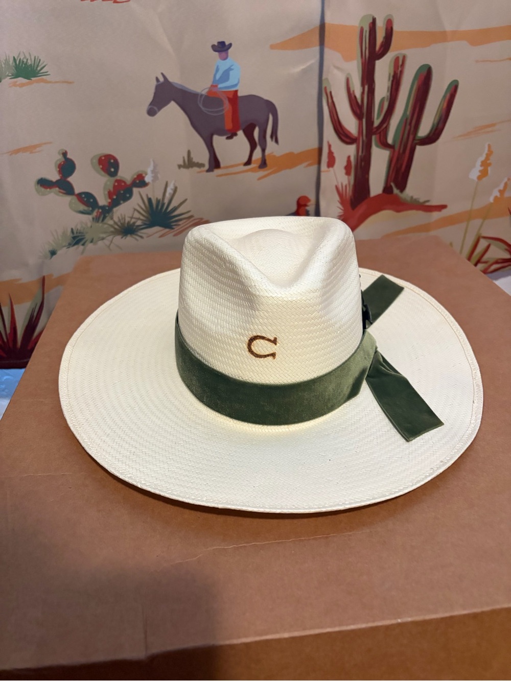 White Straw Fedora with Green Velvet Band